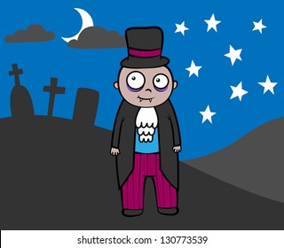 Cartoon vector illustration of cute vampire in graveyard on Halloween