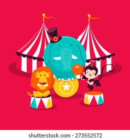 A cartoon vector illustration of cute and whimsical carnival circus animals. 