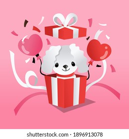 A Cartoon Vector Illustration Of A Cute White Maltese Puppy In A Surprise Gift Box On A Pink Background.