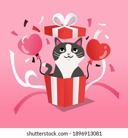 Dibujo vectorial de un lindo cachorro maltés blanco en una caja de regalo sorpresa en un fondo rosado.