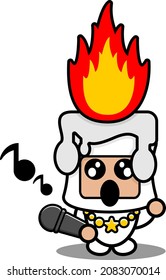 cartoon vector illustration of cute white fiery wax mascot costume character singing