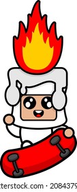 cartoon vector illustration of cute white fiery wax mascot costume character skateboarding