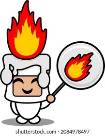 cartoon vector illustration of cute white fiery wax mascot costume character holding fire sign