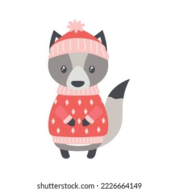 Cartoon, Vektorgrafik von süßem Wolf aus Strickhut und Pullover einzeln auf weißem Hintergrund, skandinavischer Stil, flaches Design, Konzept für Winterkinder Druckbild