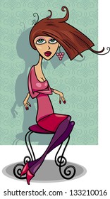 Cartoon Vector Illustration of Cute Young Woman Sitting on Vintage Chair