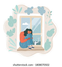 Cartoon vector illustration of cute young woman sitting at window windowsill. Sad character in depression.