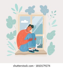 Cartoon vector illustration of cute young man sitting at window windowsill.