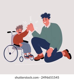 Cartoon vector illustration of Dad with sitting in wheelchair son. Give hight five to each other.