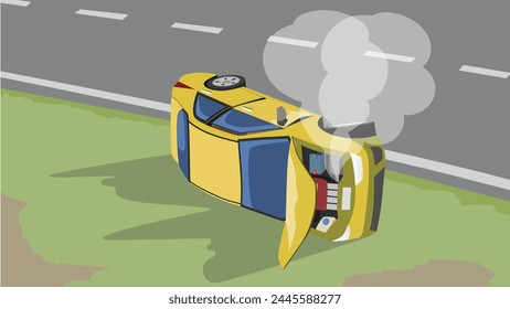 Cartoon Vector or illustration of damage car. Sedan car yellow color turned over on its side and was on the side of the road. Car broke off on the side of the road. The hood opened and smoke billowed.