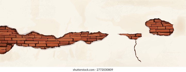 Cartoon vector illustration of a damaged, old plaster wall with significant cracks and large sections broken away to reveal red bricks behind it.