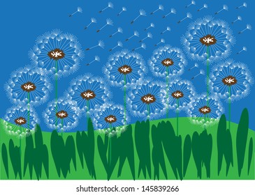 cartoon vector illustration of dandelion flowers meadow and blue sky