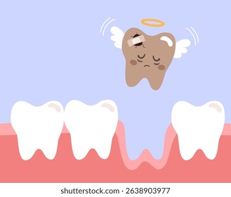 Cartoon vector illustration of a dark rotten tooth with angel wings leaving the gums, symbolizing dental decay and oral health awareness
