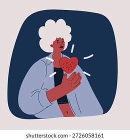 Ilustração vetorial de desenhos animados de pele escura fêmea toca coração, demonstra gesto agradecido, tem boa expressão natural, expressa grande simpatia, gratidão com honestidade, sente amor sobre escuro