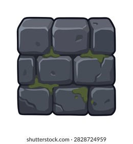 Cartoon vector illustration of dark stone tile with green moss isolated on white for game inventory interfaces digital projects and graphic design.