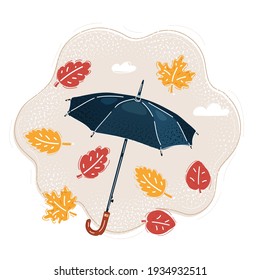 Cartoon vector illustration of dark umbrella with falling leaves around.