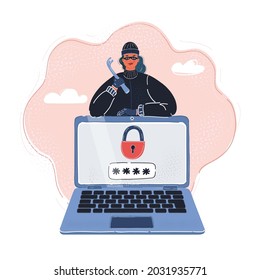 Cartoon Vector Illustration Of Data Theft. Hacker Breaks Into Computer. Cyber Attacker Trying To Hack Computer. Intruder Woman In Mask And Big Laptop Screen On Dark Backround. Deception On The Network