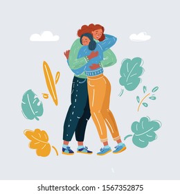 Cartoon vector illustration of daughter hugging mother. Full length portrait of young woman hugging her relatives, family connection