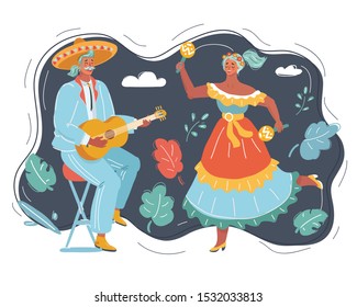 Cartoon vector illustration Day the Dead (Dia de los Muertos)  Mexican holiday  Man in sombreros   play guitar   woman dance цшер maracas dark 