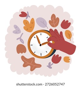 Ilustración vectorial de dibujos animados del concepto de horario de verano. Paisaje de otoño con texto Fall Back, la mano de los relojes que se convierten en tiempo de invierno.