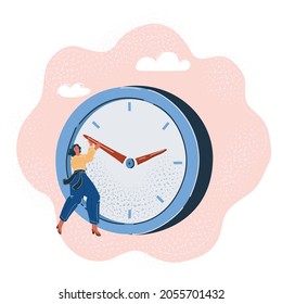 Cartoon vector illustration of Deadline concept. Businesswoman pushing the big clock arrow to delay.
