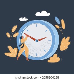 Cartoon vector illustration of Deadline concept. Businesswoman pushing the clock arrow to delay on dark backround.