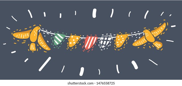 Cartoon vector illustration of Decorative colorful party pennants for birthday celebration, festival and fair decoration. Birthday party invitation banners hold in birds beaks. Dark background.