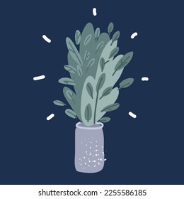 Cartoon vector illustration of Decorative tree planted white ceramic pot over dark background