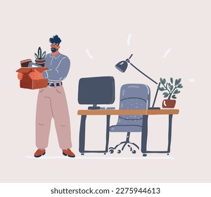 Cartoon vector illustration of Deeply upset depressed man employee crying standing and holding in hands things in cardboard box, feeling sadness, dismissed from job, staff reduction.