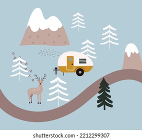 Dibujo vectorial de un ciervo, una casa sobre ruedas, pinos y montañas en el bosque invernal