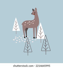 Cartoon vector illustration of a deer in the winter forest