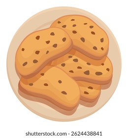 Cartoon vector illustration of delicious chocolate chip cookies arranged neatly on a plate