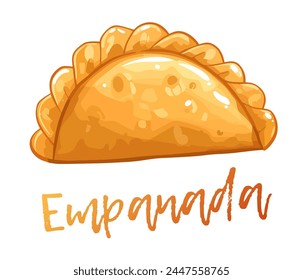 Cartoon vector illustration of a delicious empanada. Delightful vector illustration of a flat design empanada, a popular fried pastry with savory fillings. A traditional meal in many Latin Americans