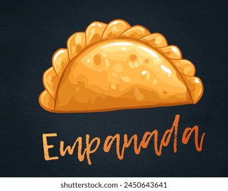 Ilustración vectorial de dibujos animados de una deliciosa empanada sobre fondo negro. Deliciosa Ilustración vectorial de una empanada de diseño plano, un popular pastel frito con rellenos salados