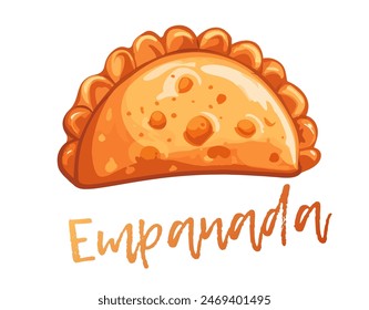 Cartoon vector illustration of a delicious empanada isolated on white background. Cheburek vector icon of a flat design empanada, a popular fried pastry with savory fillings. A traditional meal 