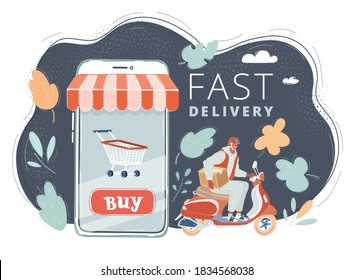 Cartoon Vektorgrafik des Lieferkonzepts. Kurierfahrten mit seinem Roller mit Box in der Nähe des Online-Shops. Shopping mit Smartphone im Dunkeln.