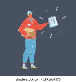 Cartoon vector illustration of Delivery concept. Courier holding package in his hand. Man on dark background.