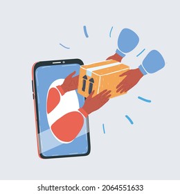 Dibujo vectorial de dibujos animados del concepto de entrega con la mano saca cajas de un smartphone sobre fondo blanco.