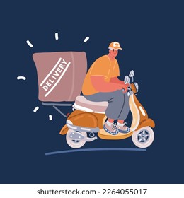 Cartoon, Vektorgrafik von Delivery man Ride auf gelbem Roller auf dunklem Hintergrund