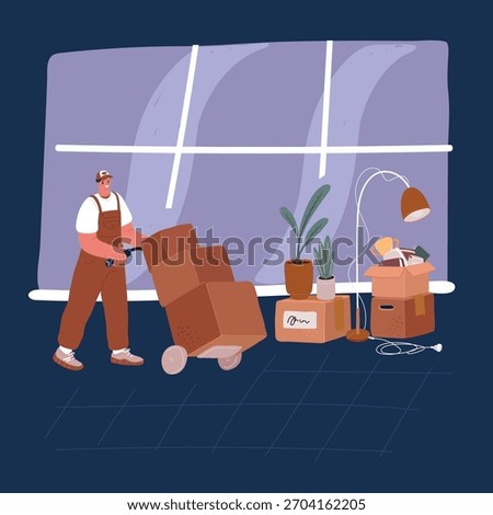 Cartoon vector illustration of Delivery men holds a box in his hands. Postman. Express delivery to the apartment.