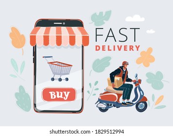 Cartoon vector illustration of Delivery scooter with courier isolated on white. Online shopping, smartphone screen.