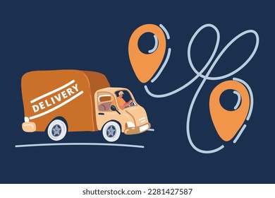 Cartoon vector illustration of delivery track and location marks over dark backround