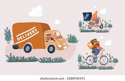 Cartoon vector illustration of Delivery transportation: bike, scooter, truck