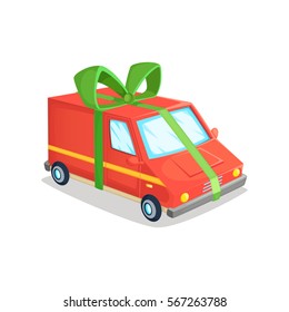 Cartoon vector illustration of delivery van. Concept design  a truck with  ribbon in form   gift.