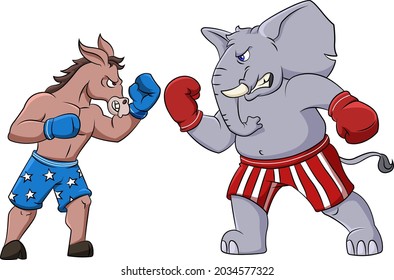 Cartoon vector illustration of a Democratic donkey vs. Republican elephant