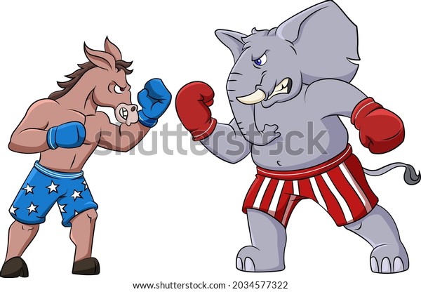 Cartoon vector illustration of a Democratic\
donkey vs. Republican\
elephant