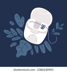 Cartoon vector illustration of Dental floss icon blue background. Medical and dentistry healthcare. Thread of floss to clean between the teeth after eating over dark backround