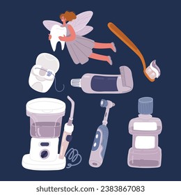 Cartoon vector illustration of Dentist. Dental care icons. Toothache. Teethcare. Irrigator, electric teethbrush, botle with teethwashing liquid, fairy with tooth, paste over dark backround