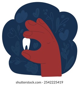 Cartoon vector illustration of Dentist holds a tooth in hands. Healthy white tooth over dark background