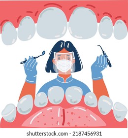 Cartoon vector illustration of Dentist woman holding instruments examining teeth. Patient mouth inside view checkup of healthy mouth. Teeth dentistry examination.