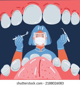 Cartoon vector illustration of Dentist woman holding instruments and examining patient man teeth looking inside mouth. Teeth examination and dentistry checkup over dark background